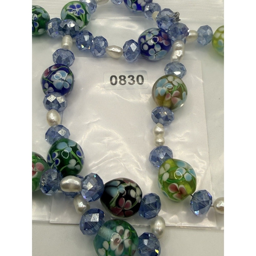 Floral Glass Pearl Beaded Necklace Blue Green Artisan Wedding Cake Style 23" - Picture 7 of 7